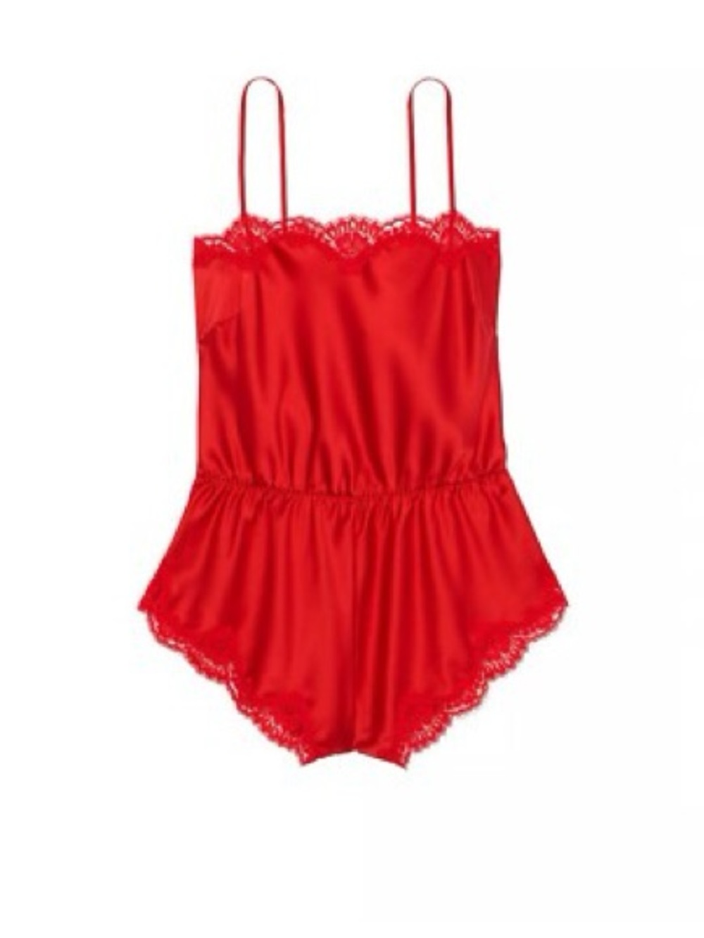 Victoria’s Secret Satin Lace-Trim Romper Lingerie Bright Vermillion Red